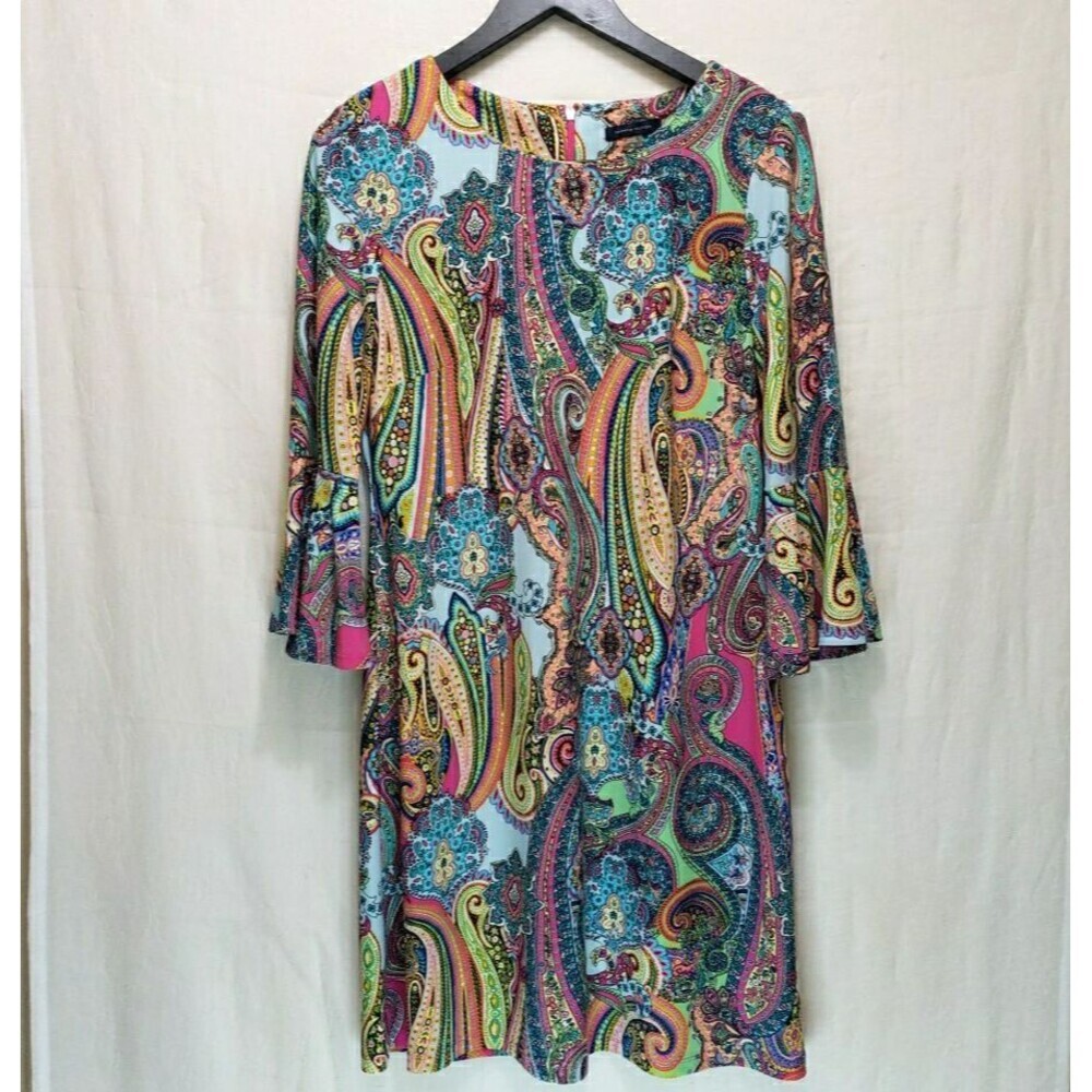 Tommy Hilfiger Paisley Shift Dress 10 Multi-Color Bell Sleeve Stretch Mod Boho